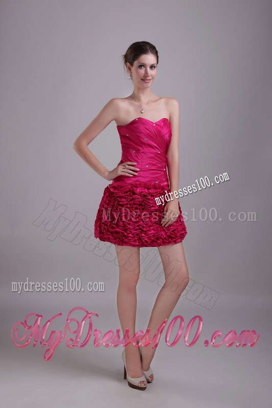 Beading and Ruches Accent Mini-length Hot Pink Prom Gown with Rolling Flowers