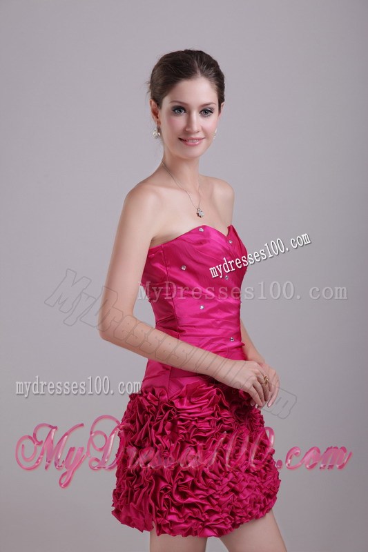 Beading and Ruches Accent Mini-length Hot Pink Prom Gown with Rolling Flowers