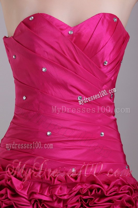 Beading and Ruches Accent Mini-length Hot Pink Prom Gown with Rolling Flowers