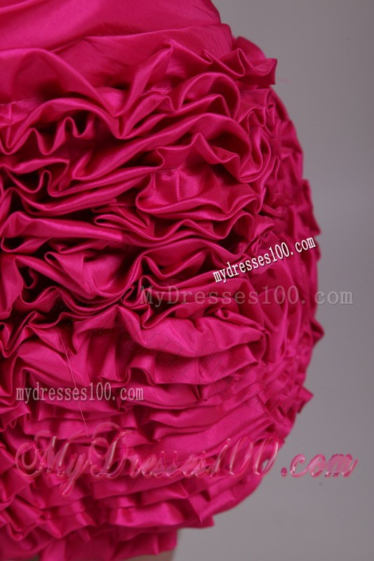 Beading and Ruches Accent Mini-length Hot Pink Prom Gown with Rolling Flowers