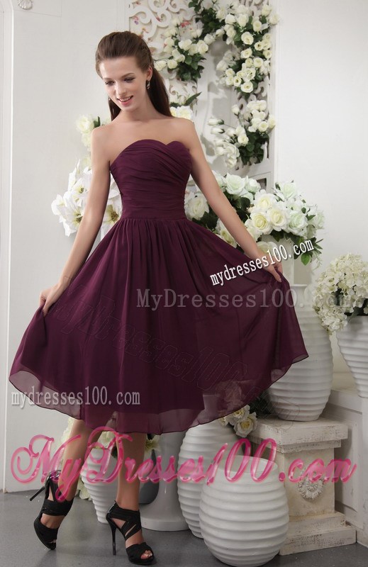 Beautiful Sweetheart Strapless Tea-length Chiffon Prom Dresses in Dark Purple