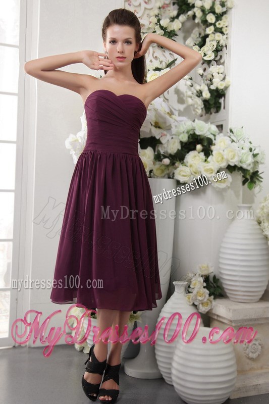 Beautiful Sweetheart Strapless Tea-length Chiffon Prom Dresses in Dark Purple