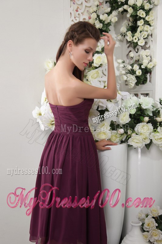 Beautiful Sweetheart Strapless Tea-length Chiffon Prom Dresses in Dark Purple