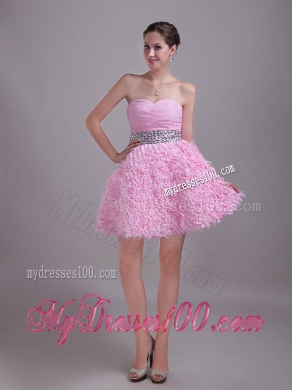 Beaded and Ruched Baby Pink Mini-length Gowns for Prom with Small Ruffles