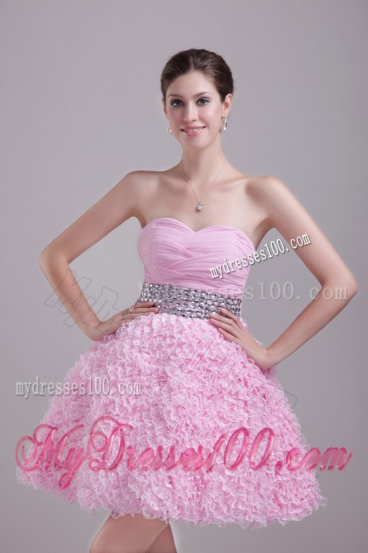 Beaded and Ruched Baby Pink Mini-length Gowns for Prom with Small Ruffles