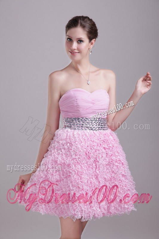 Beaded and Ruched Baby Pink Mini-length Gowns for Prom with Small Ruffles