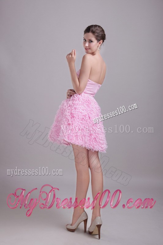 Beaded and Ruched Baby Pink Mini-length Gowns for Prom with Small Ruffles