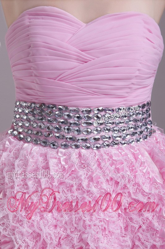Beaded and Ruched Baby Pink Mini-length Gowns for Prom with Small Ruffles