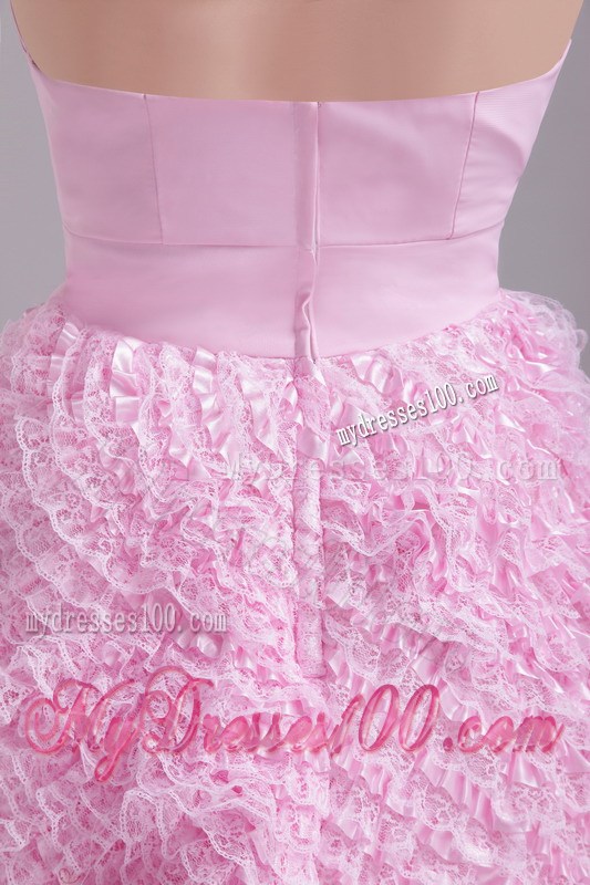 Beaded and Ruched Baby Pink Mini-length Gowns for Prom with Small Ruffles