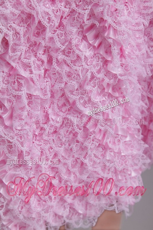 Beaded and Ruched Baby Pink Mini-length Gowns for Prom with Small Ruffles