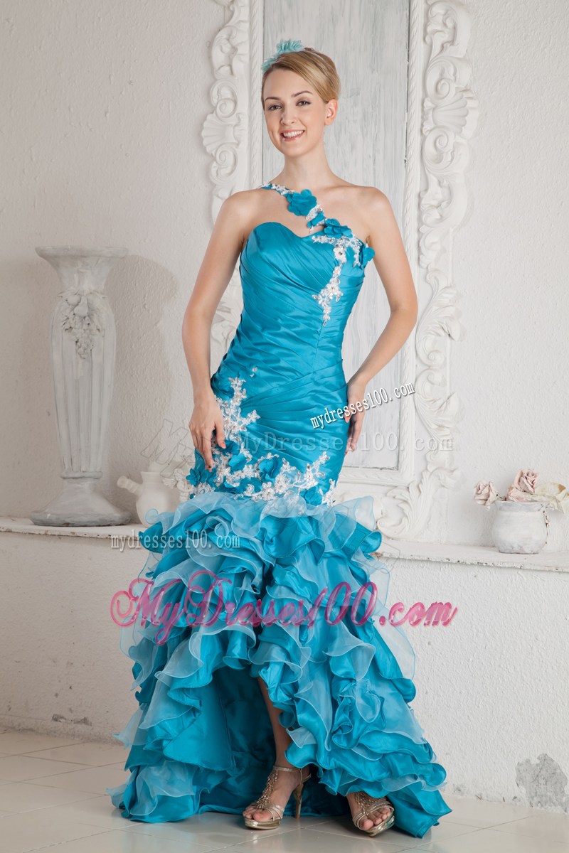 Asymmetrical Prom Dress with Appliques and Ruffles in Teal Mermaid Style