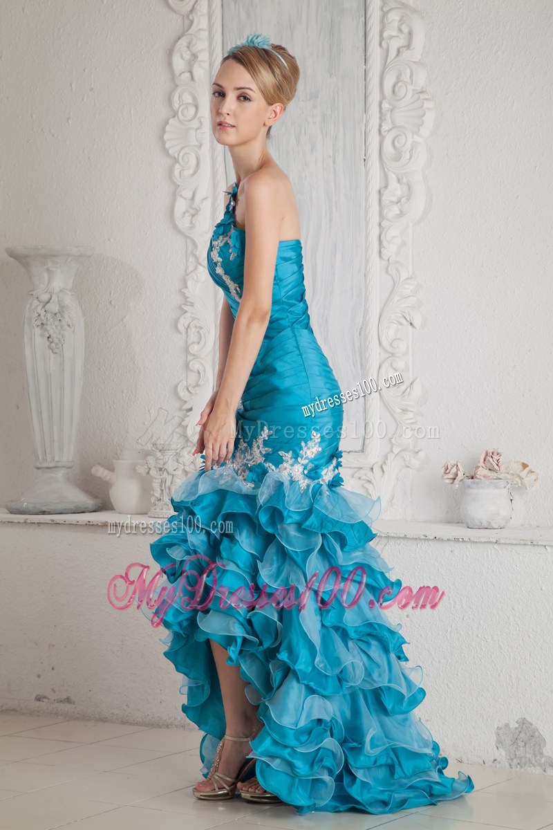 Asymmetrical Prom Dress with Appliques and Ruffles in Teal Mermaid Style
