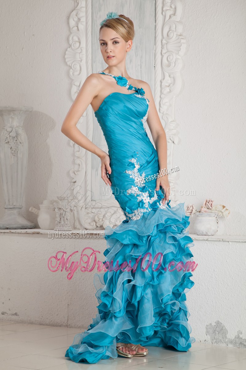Asymmetrical Prom Dress with Appliques and Ruffles in Teal Mermaid Style