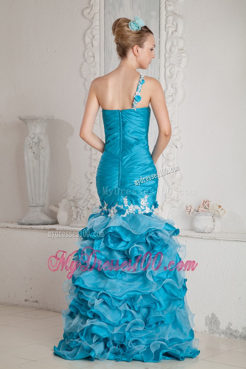 Asymmetrical Prom Dress with Appliques and Ruffles in Teal Mermaid Style
