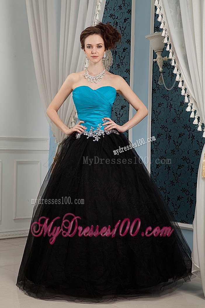 Blue and Black Floor-length Gowns for Prom with Appliques Embellish
