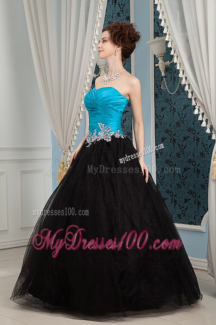 Blue and Black Floor-length Gowns for Prom with Appliques Embellish