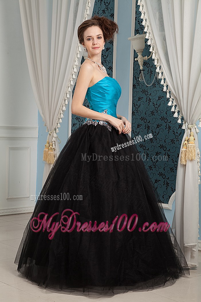 Blue and Black Floor-length Gowns for Prom with Appliques Embellish