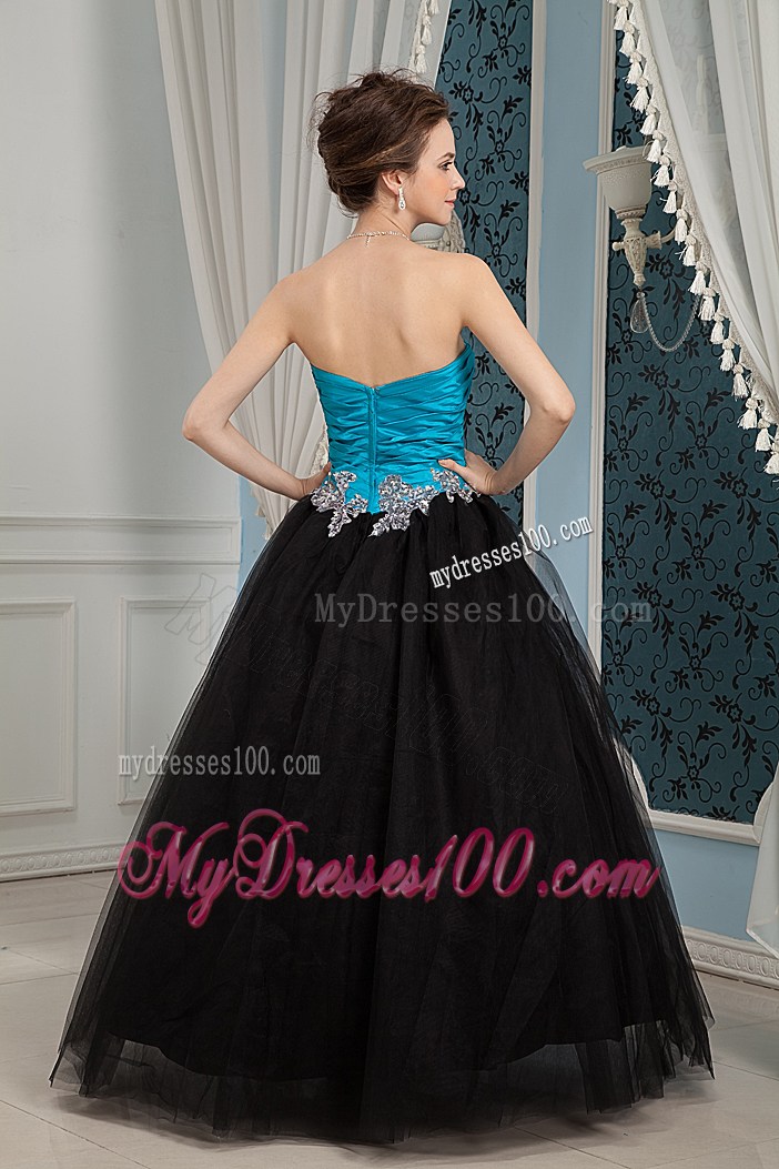 Blue and Black Floor-length Gowns for Prom with Appliques Embellish
