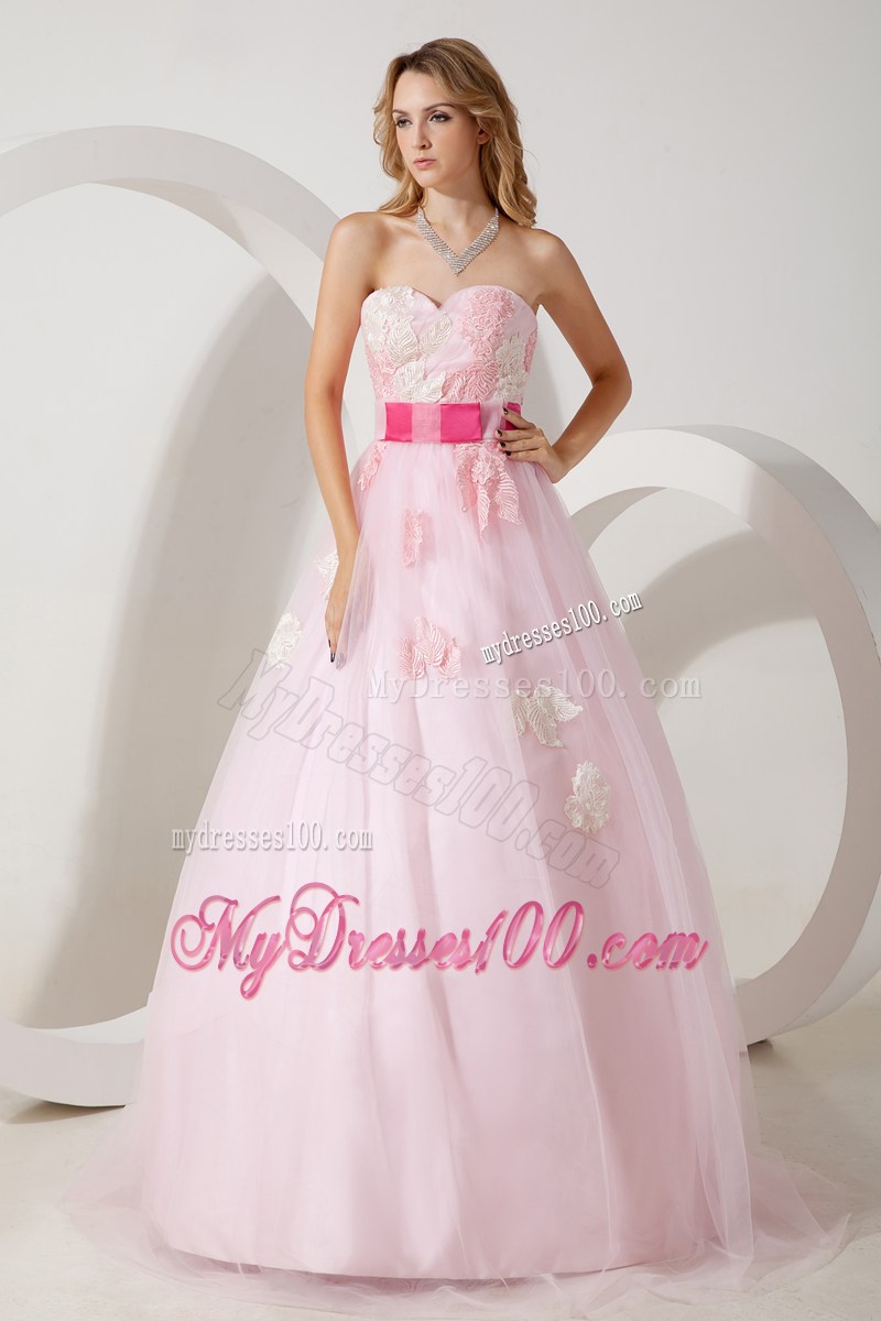 Baby Pink Princess Sweetheart Floor-length Prom Gown with Flowers and Hot Pink Sash