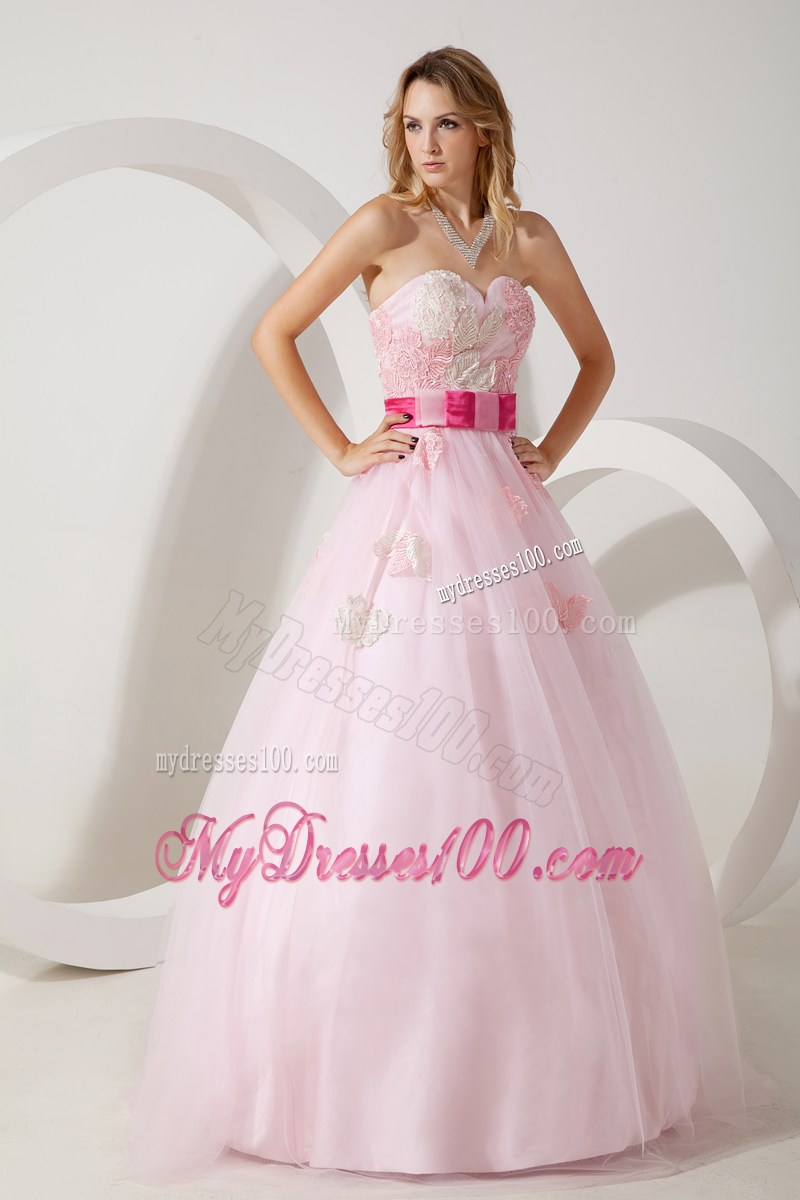 Baby Pink Princess Sweetheart Floor-length Prom Gown with Flowers and Hot Pink Sash