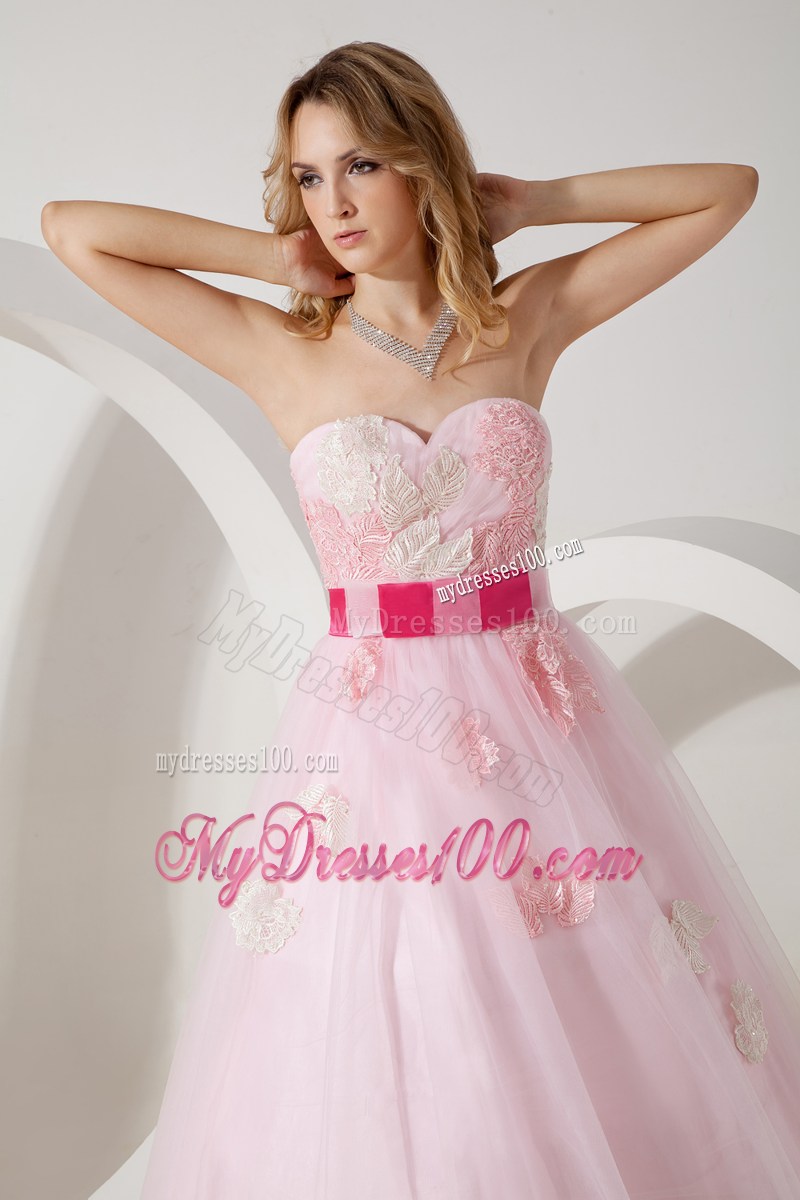 Baby Pink Princess Sweetheart Floor-length Prom Gown with Flowers and Hot Pink Sash