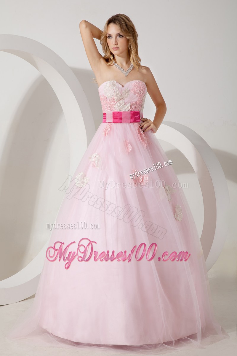 Baby Pink Princess Sweetheart Floor-length Prom Gown with Flowers and Hot Pink Sash