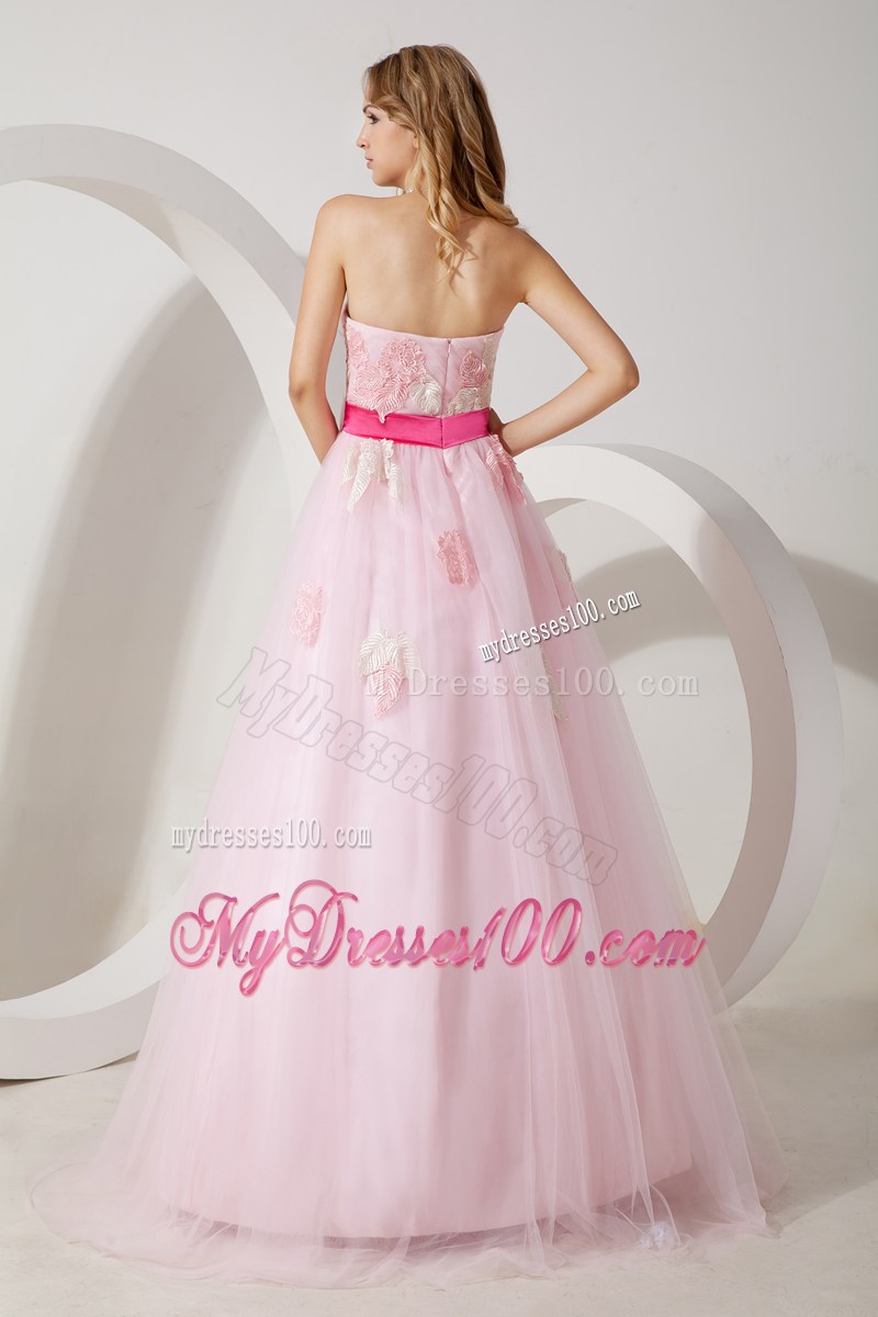 Baby Pink Princess Sweetheart Floor-length Prom Gown with Flowers and Hot Pink Sash