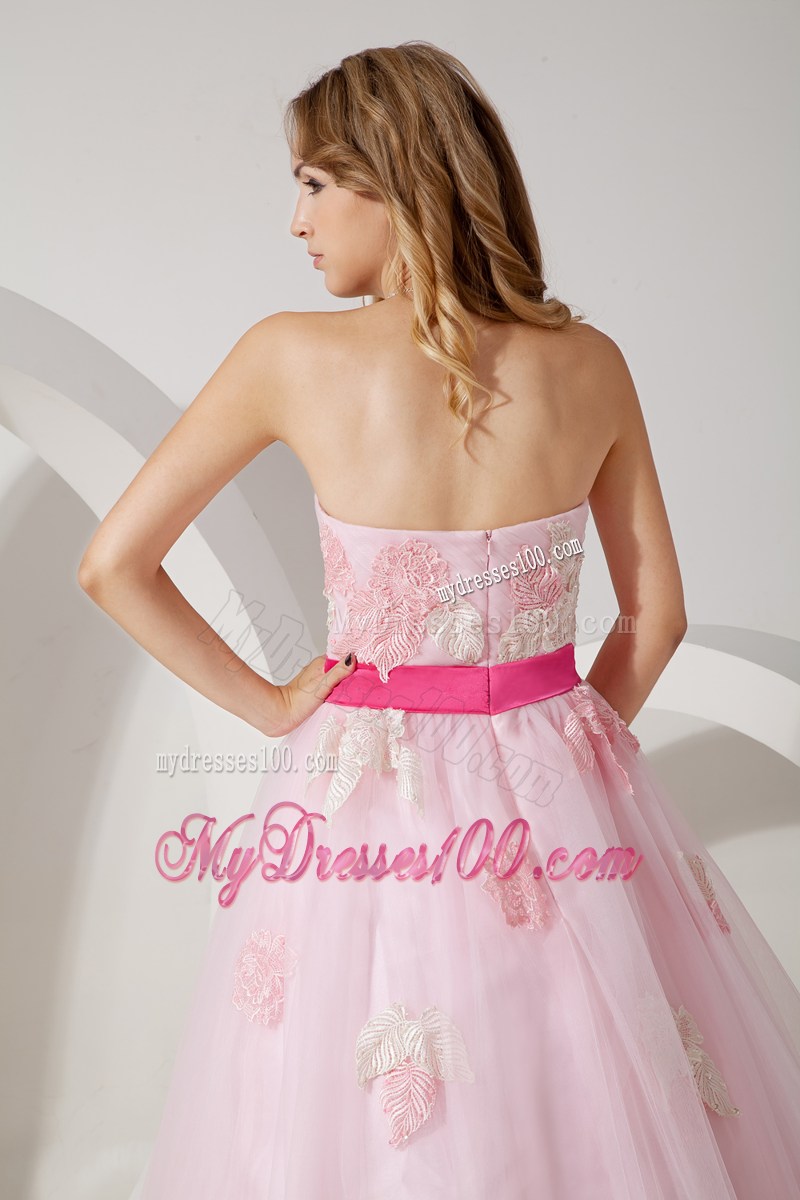 Baby Pink Princess Sweetheart Floor-length Prom Gown with Flowers and Hot Pink Sash