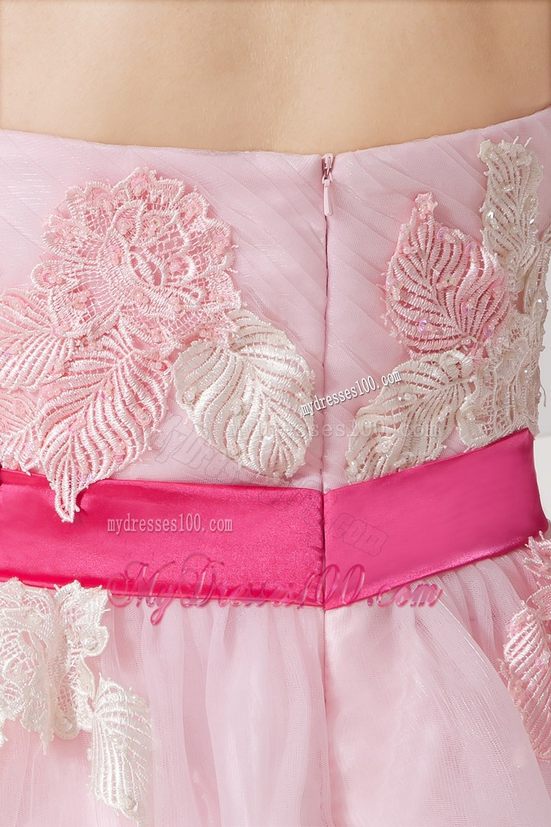 Baby Pink Princess Sweetheart Floor-length Prom Gown with Flowers and Hot Pink Sash