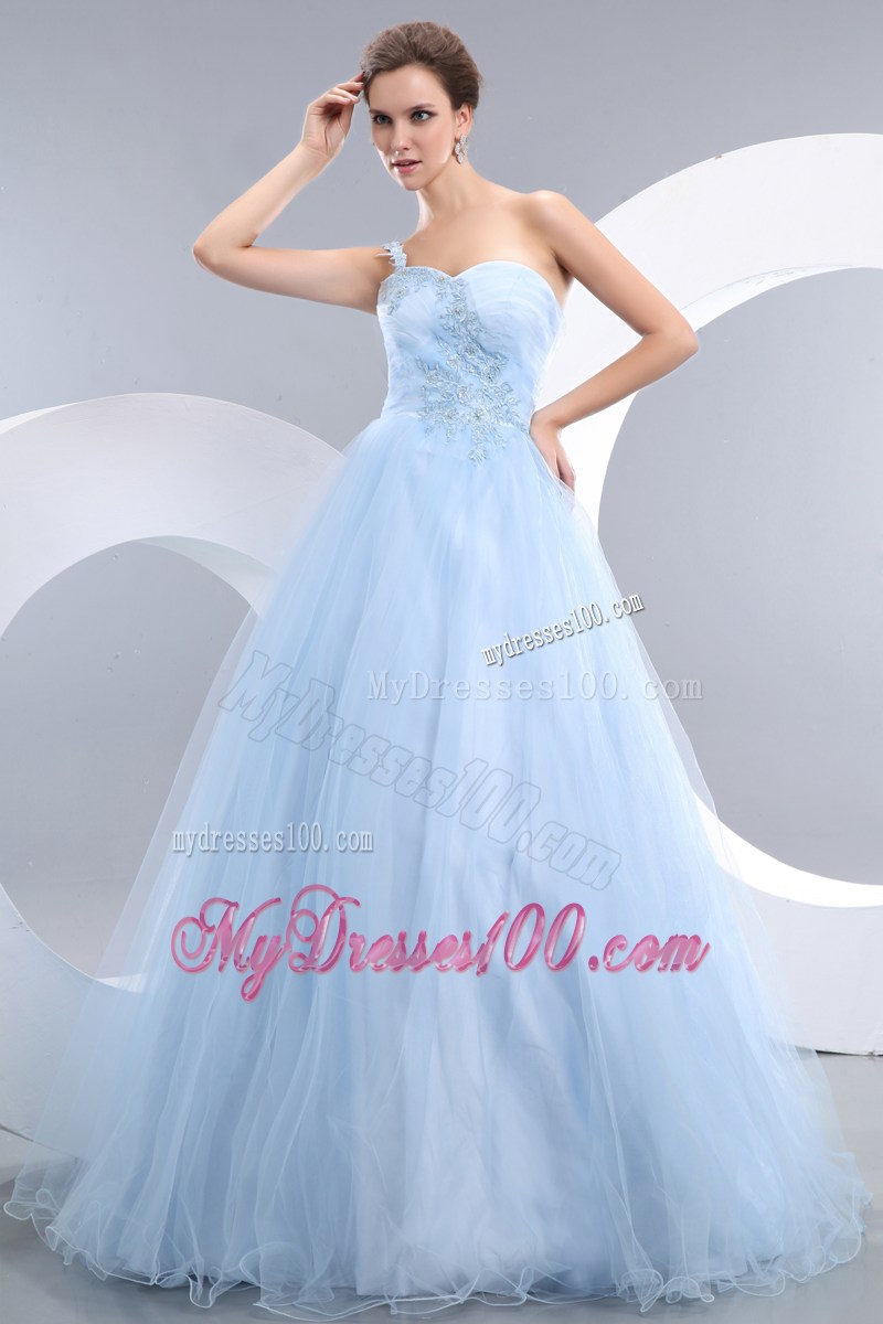 Appliques Accent One Shoulder and Waist Long Princess Baby Blue Prom Gown