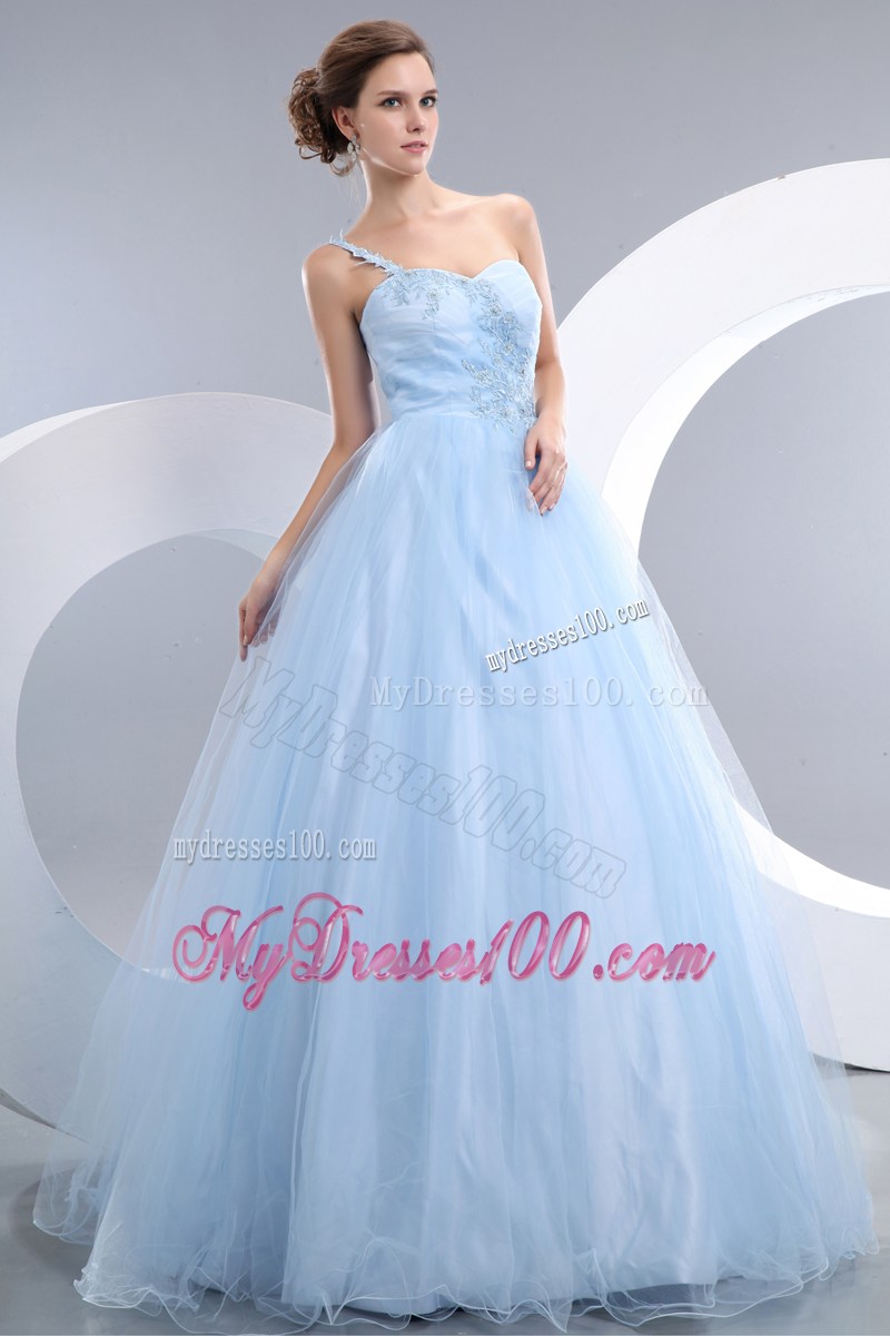 Appliques Accent One Shoulder and Waist Long Princess Baby Blue Prom Gown
