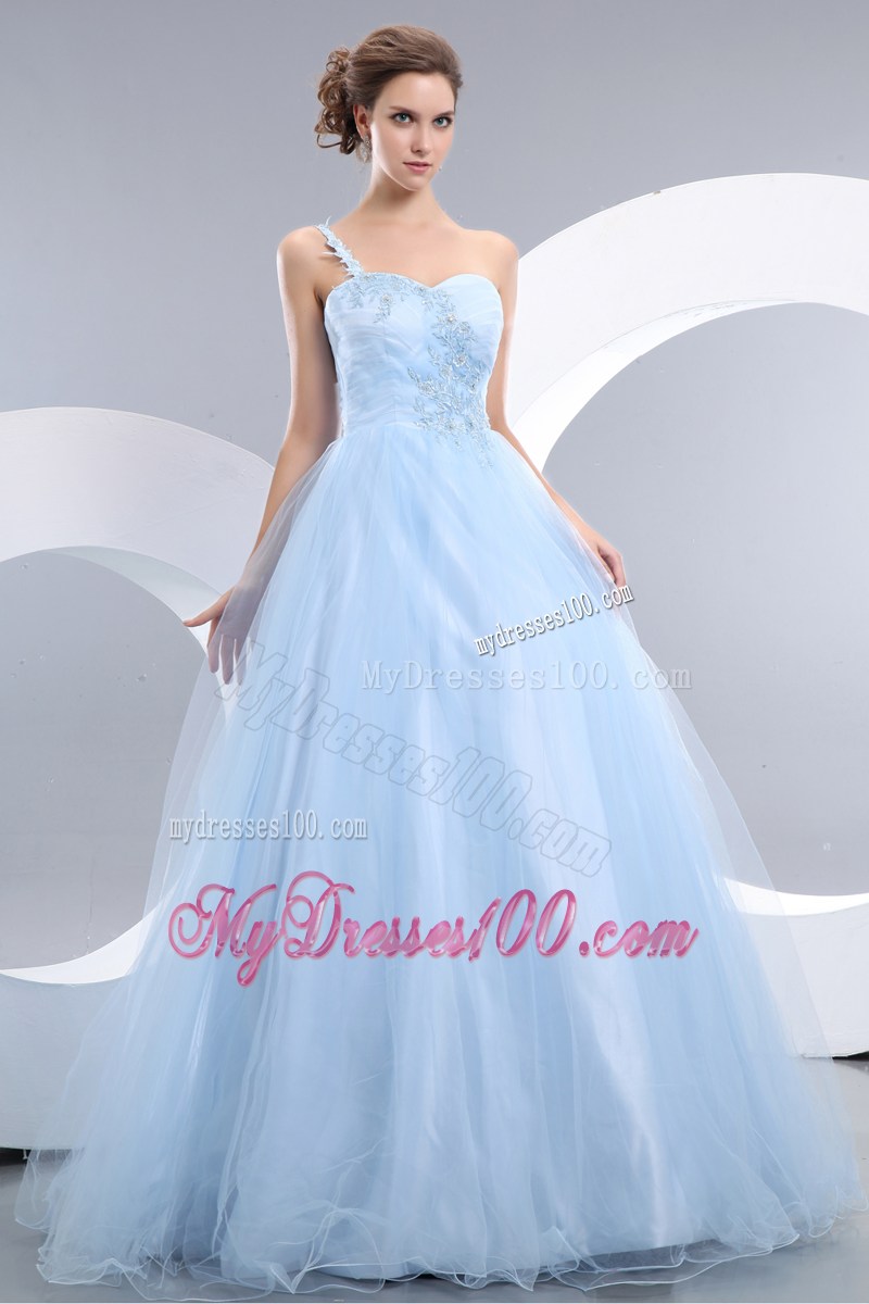 Appliques Accent One Shoulder and Waist Long Princess Baby Blue Prom Gown