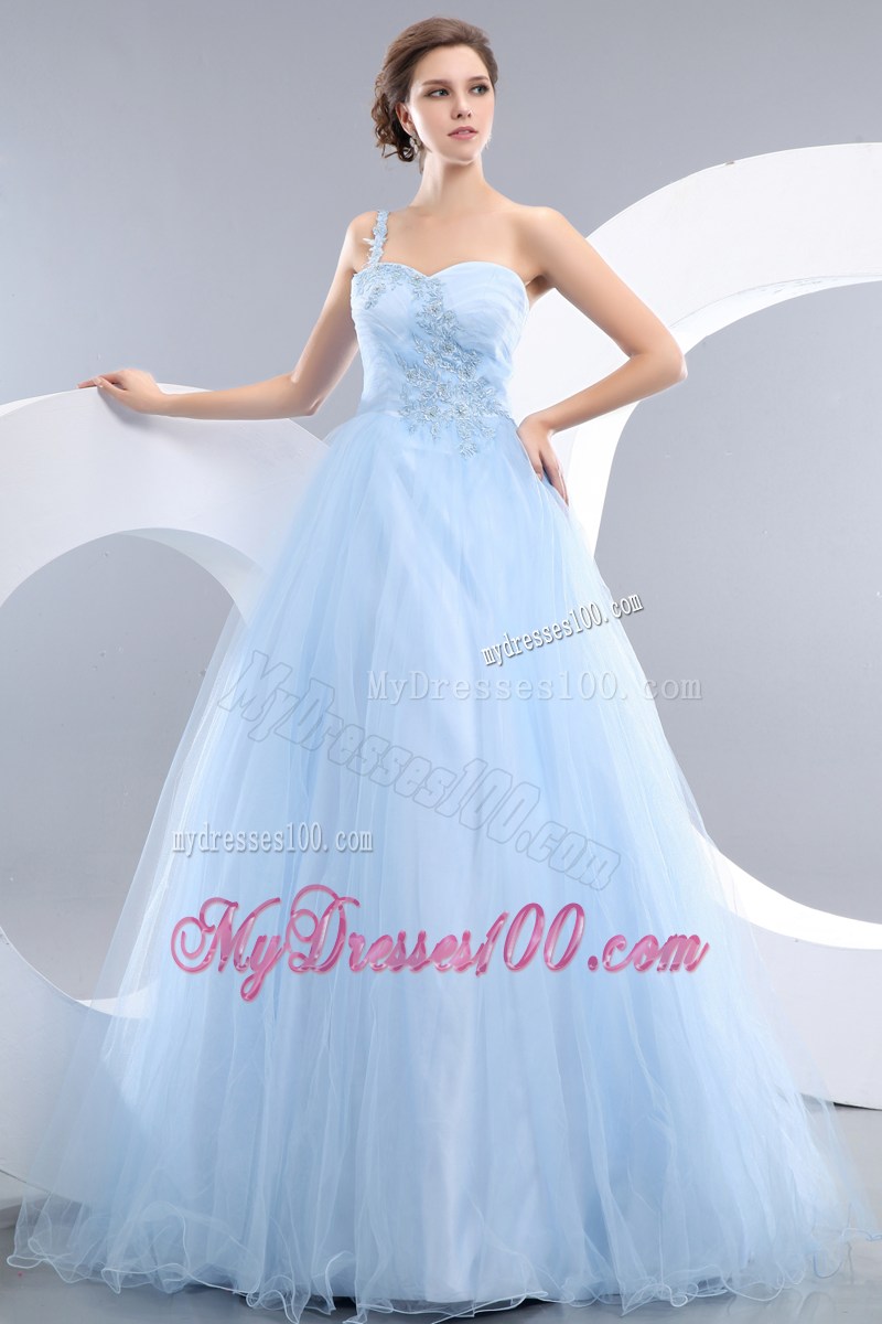Appliques Accent One Shoulder and Waist Long Princess Baby Blue Prom Gown