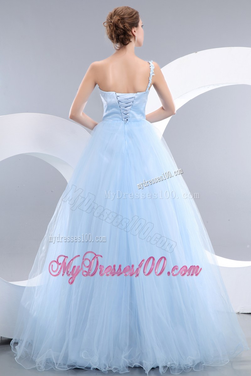 Appliques Accent One Shoulder and Waist Long Princess Baby Blue Prom Gown