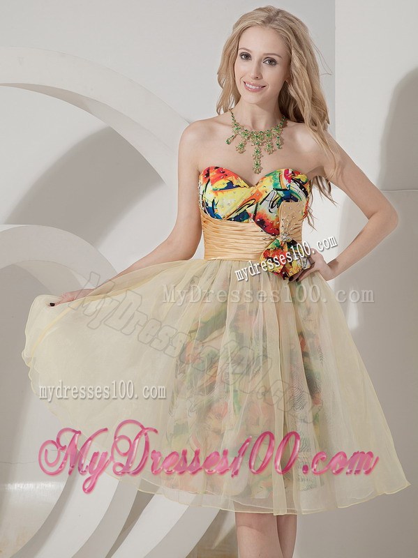 Multi-colored Sweetheart Beaded Organza Prom Gown with Beading and Print