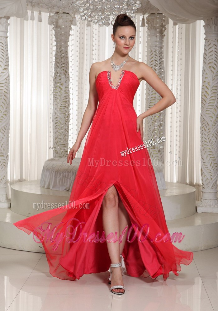 Beaded v-Cut Neck Prom Dress High Slit Long Chiffon Prom Dress in Coral Red