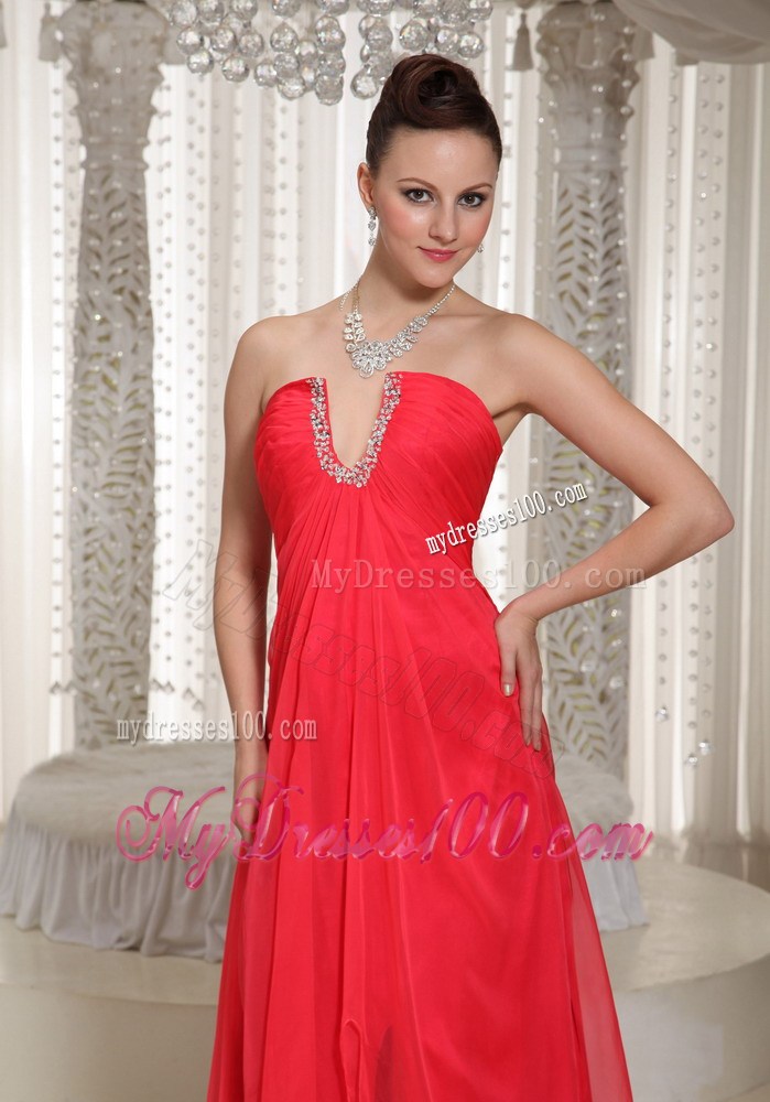 Beaded v-Cut Neck Prom Dress High Slit Long Chiffon Prom Dress in Coral Red