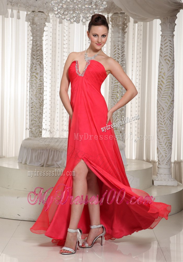 Beaded v-Cut Neck Prom Dress High Slit Long Chiffon Prom Dress in Coral Red