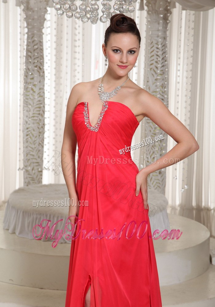 Beaded v-Cut Neck Prom Dress High Slit Long Chiffon Prom Dress in Coral Red