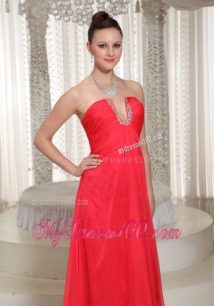 Beaded v-Cut Neck Prom Dress High Slit Long Chiffon Prom Dress in Coral Red