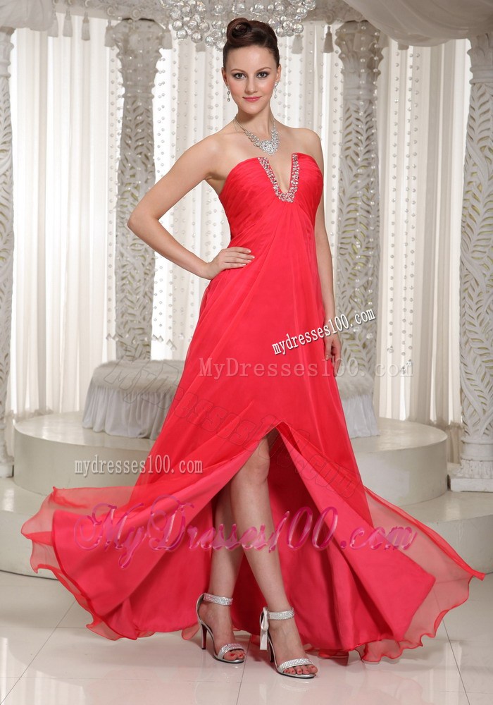 Beaded v-Cut Neck Prom Dress High Slit Long Chiffon Prom Dress in Coral Red