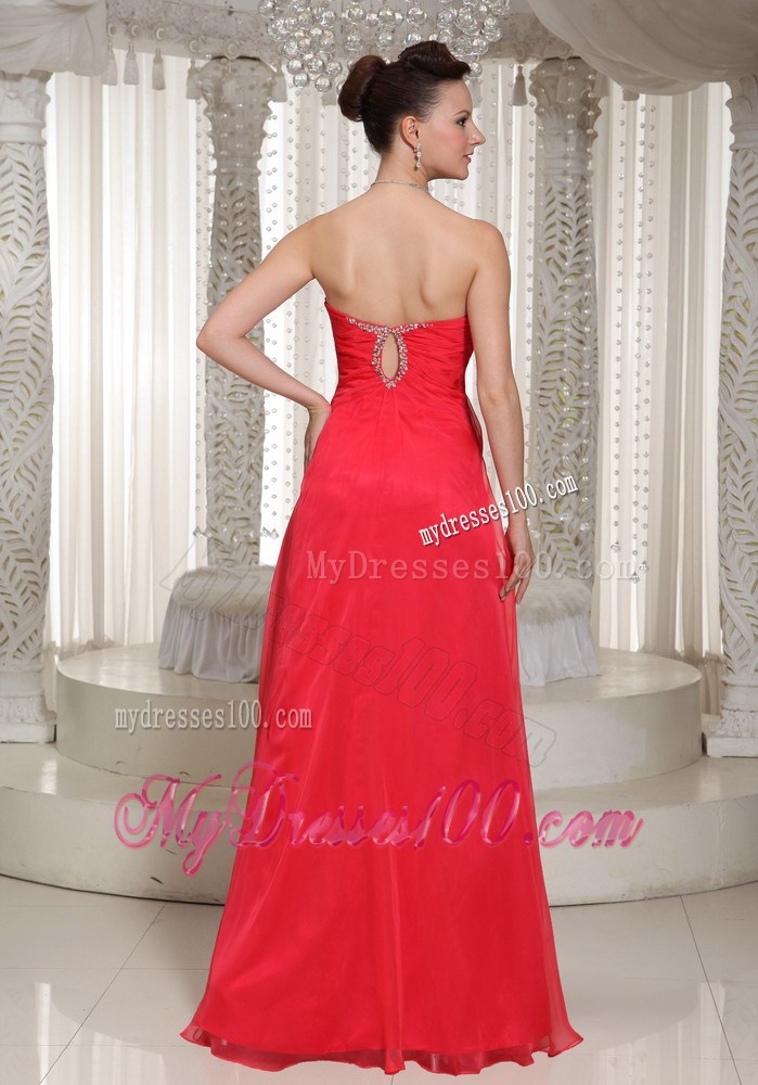 Beaded v-Cut Neck Prom Dress High Slit Long Chiffon Prom Dress in Coral Red