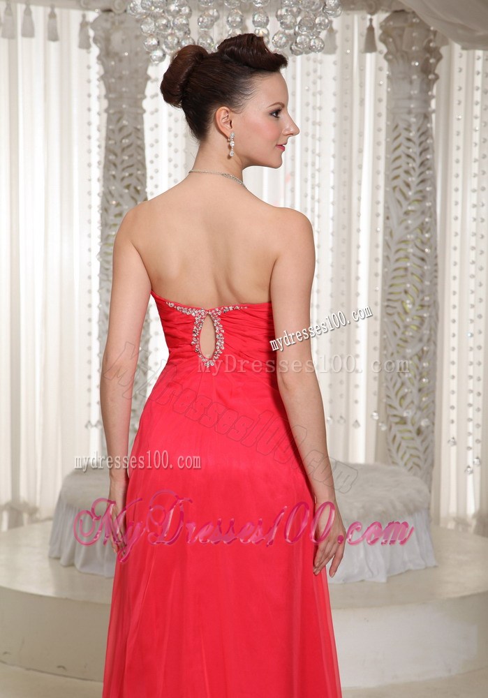 Beaded v-Cut Neck Prom Dress High Slit Long Chiffon Prom Dress in Coral Red