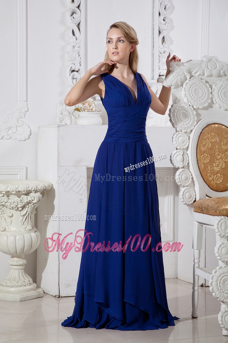 Elegant V-neck and V-back Blue Empire Prom Gown with Brush Train 2013