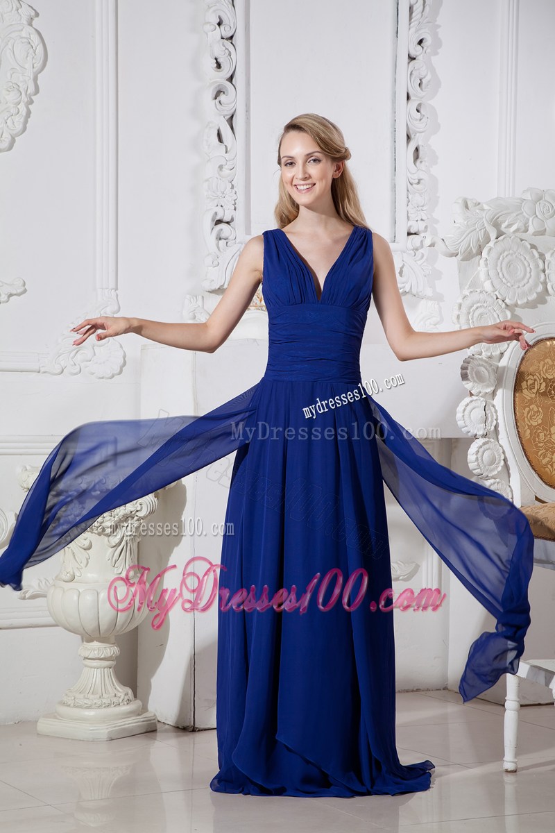 Elegant V-neck and V-back Blue Empire Prom Gown with Brush Train 2013