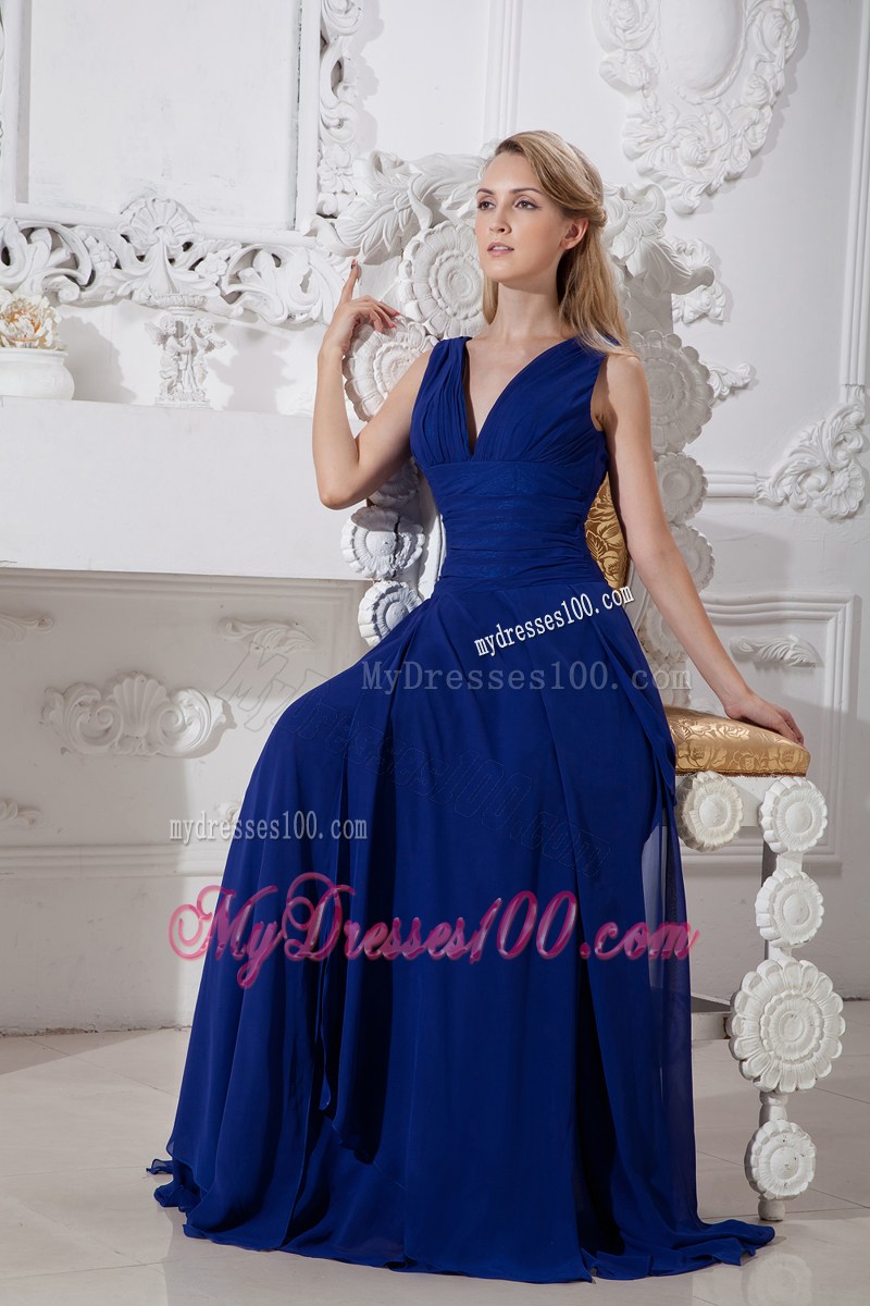 Elegant V-neck and V-back Blue Empire Prom Gown with Brush Train 2013