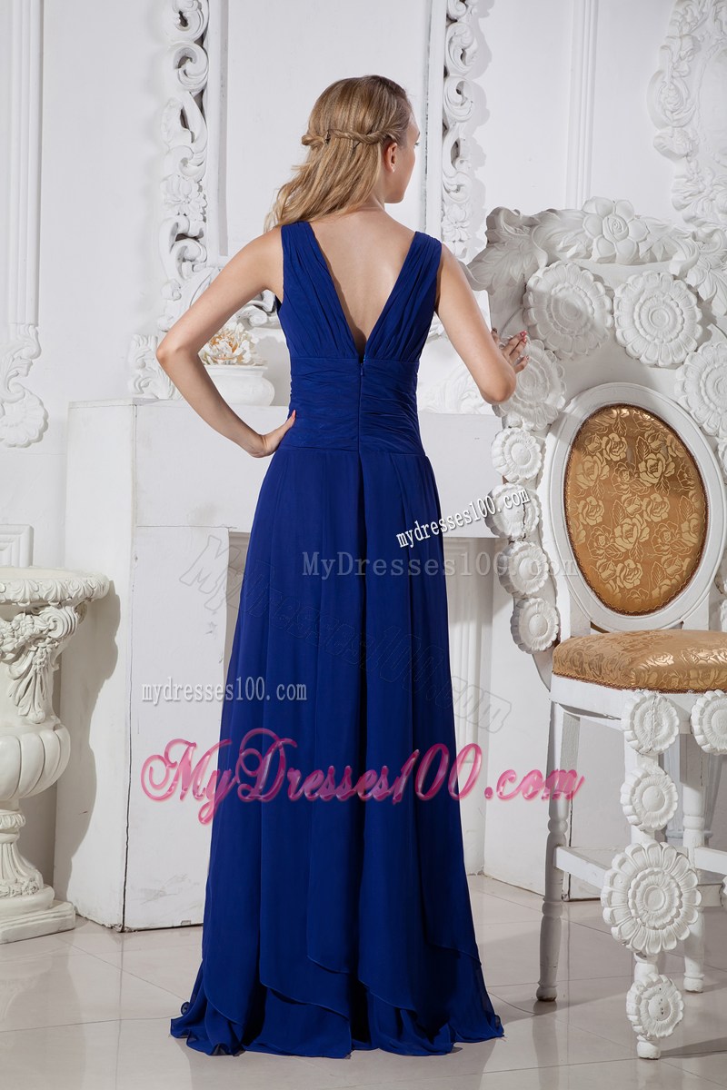 Elegant V-neck and V-back Blue Empire Prom Gown with Brush Train 2013