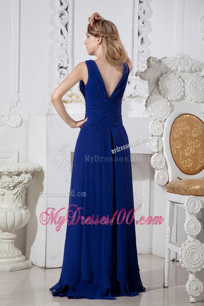 Elegant V-neck and V-back Blue Empire Prom Gown with Brush Train 2013