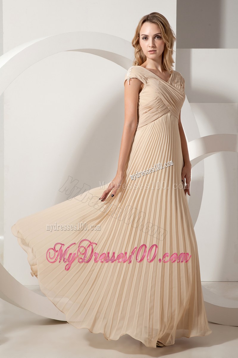 Champagne Floor-length V-neck and V-back Prom Dresses with Ruches and Pleats
