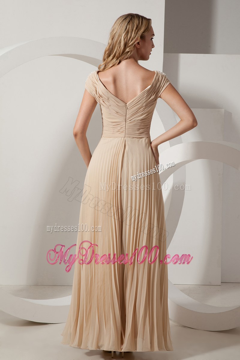 Champagne Floor-length V-neck and V-back Prom Dresses with Ruches and Pleats